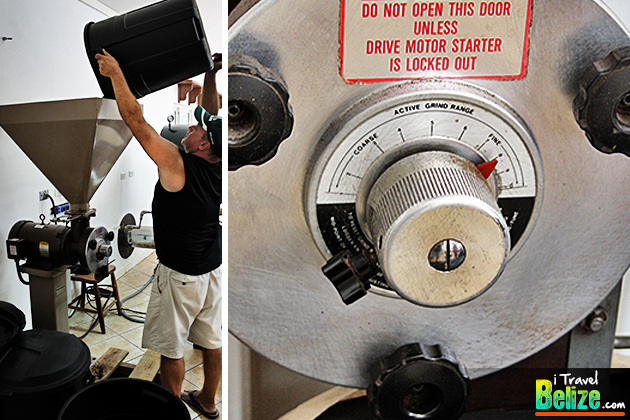 Paul places the coffee beans in the grinder